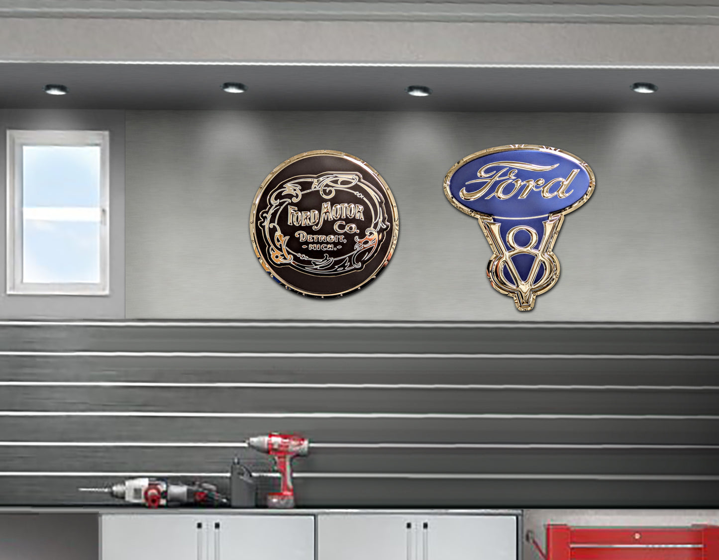 embossed mirror polished stainless steel sign ford v8 on wall