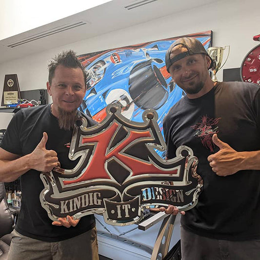 Dave Kindig from Kindigit Designs with Chrome Domz custom garage sign