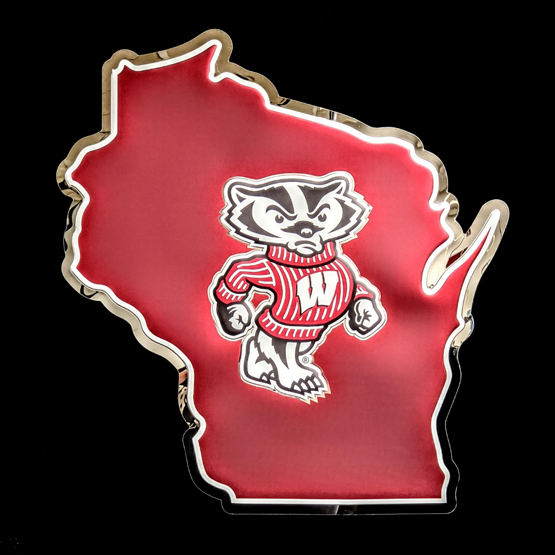 embossed mirror polished stainless steel sign garage décor Wisconsin State-shaped Bucky Badger red