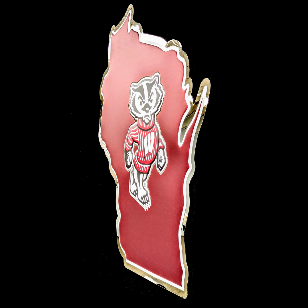 embossed mirror polished stainless steel sign garage décor Wisconsin State-shaped Bucky Badger red side