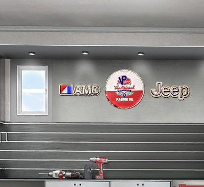 embossed mirror polished stainless steel garage sign AMC logo on wall with jeep logo