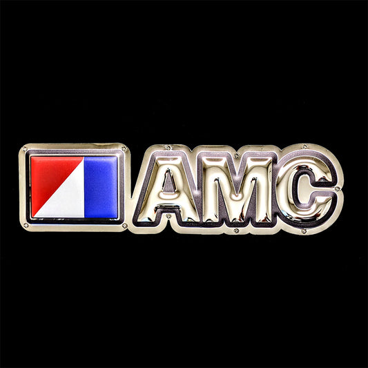 embossed mirror polished stainless steel garage sign AMC logo