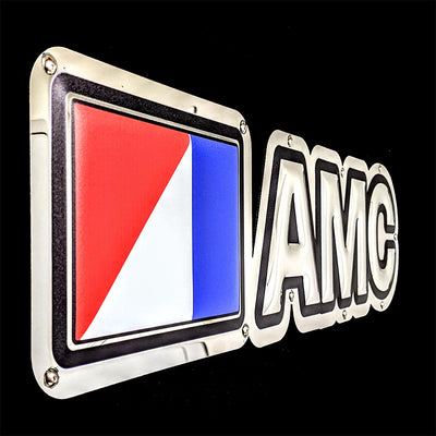 embossed mirror polished stainless steel garage sign AMC logo side