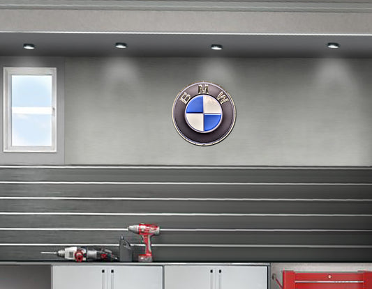 embossed mirror polished stainless steel sign BMW Logo circle on wall