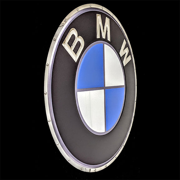 embossed mirror polished stainless steel sign BMW Logo circle side view