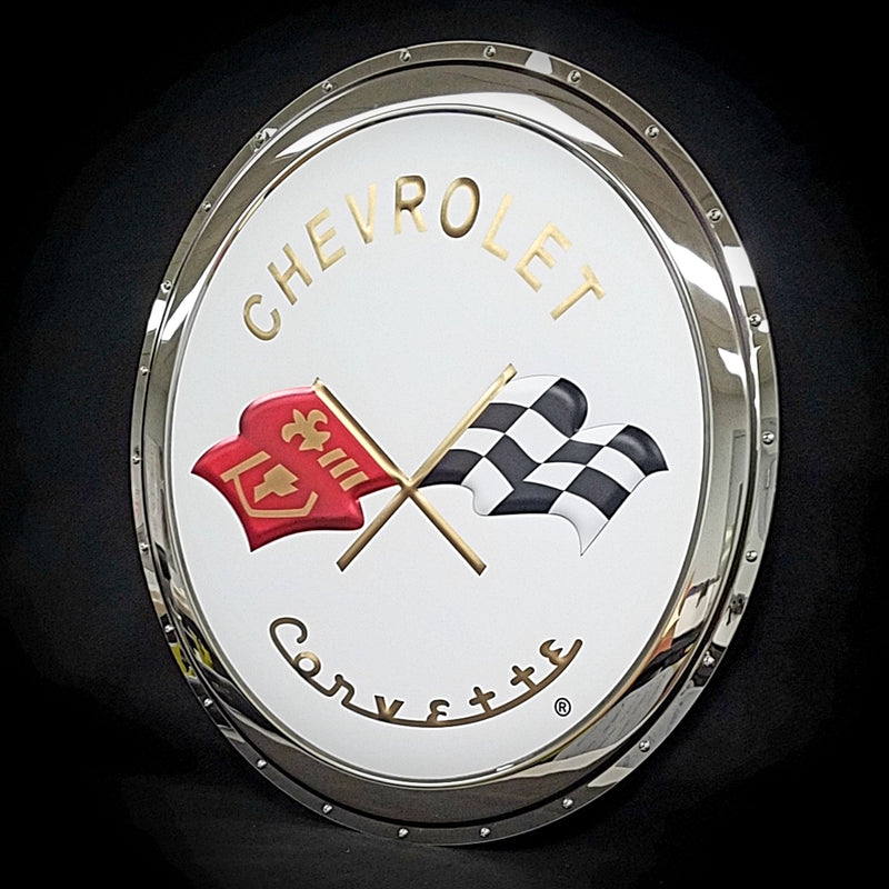 embossed mirror polished stainless steel sign Corvette c2 side view