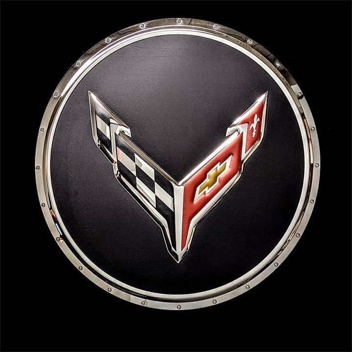 embossed mirror polished stainless steel sign C8 Corvette Logo circle