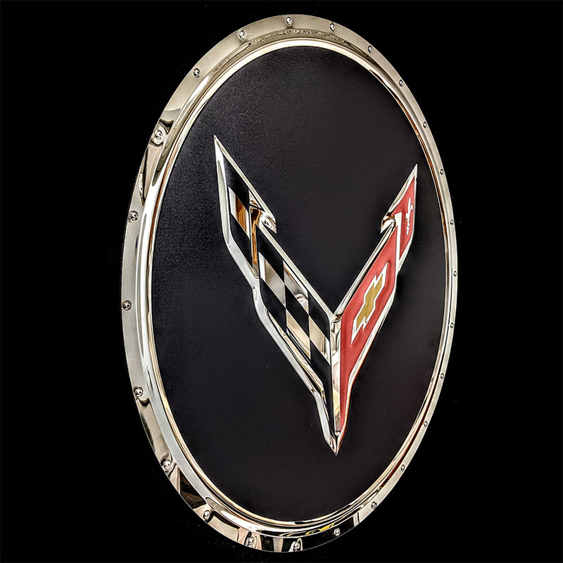 embossed mirror polished stainless steel sign C8 Corvette Logo circle side view