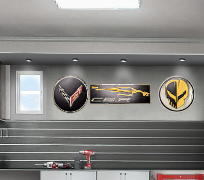 embossed mirror polished stainless steel sign C8.R Corvette on wall
