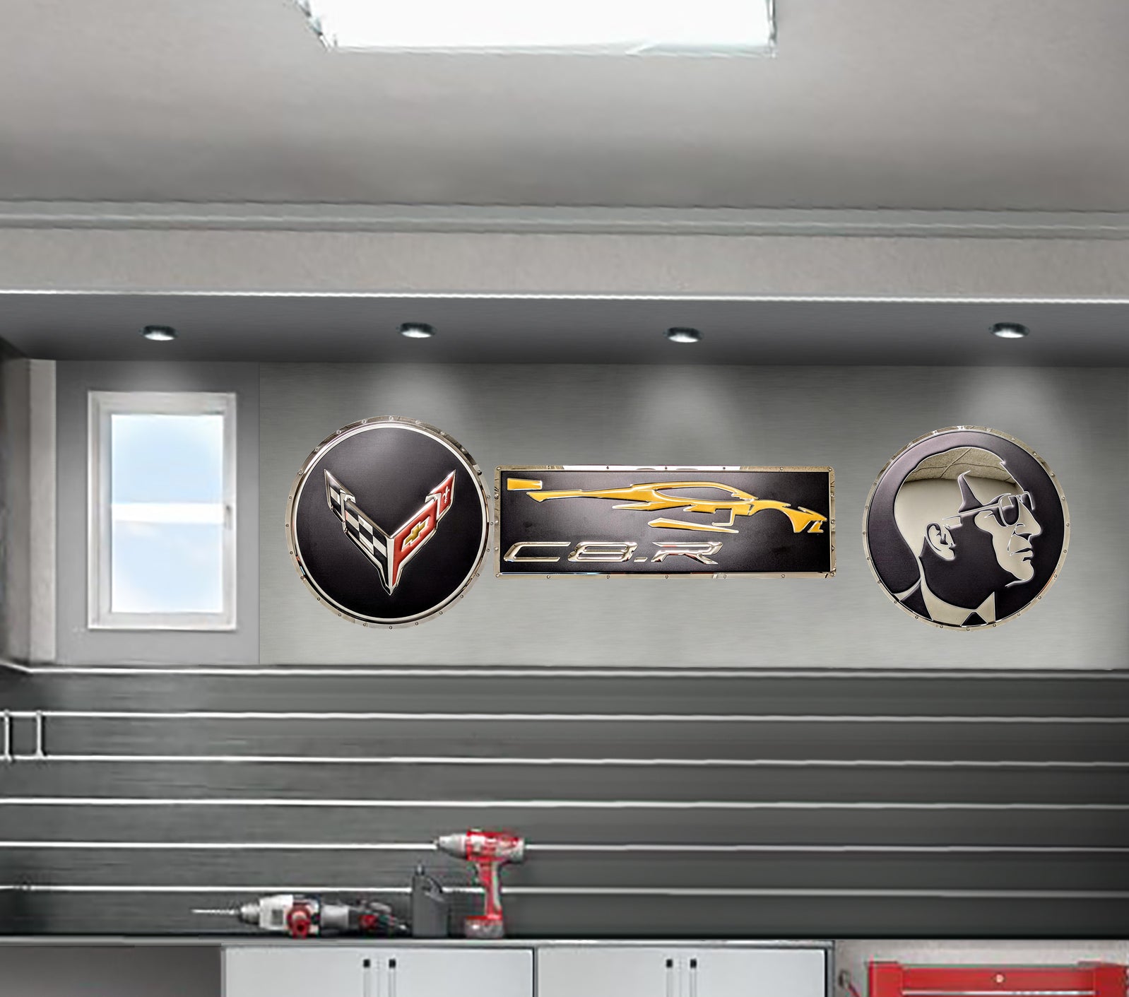 embossed mirror polished stainless steel sign C8 Corvette Logo circle on wall