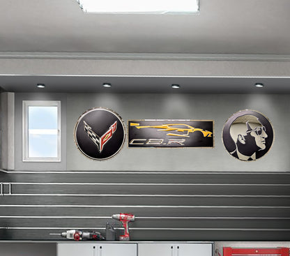 embossed mirror polished stainless steel sign C8 Corvette Logo circle on wall