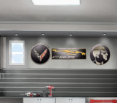 embossed mirror polished stainless steel sign C8 Corvette Logo circle on wall