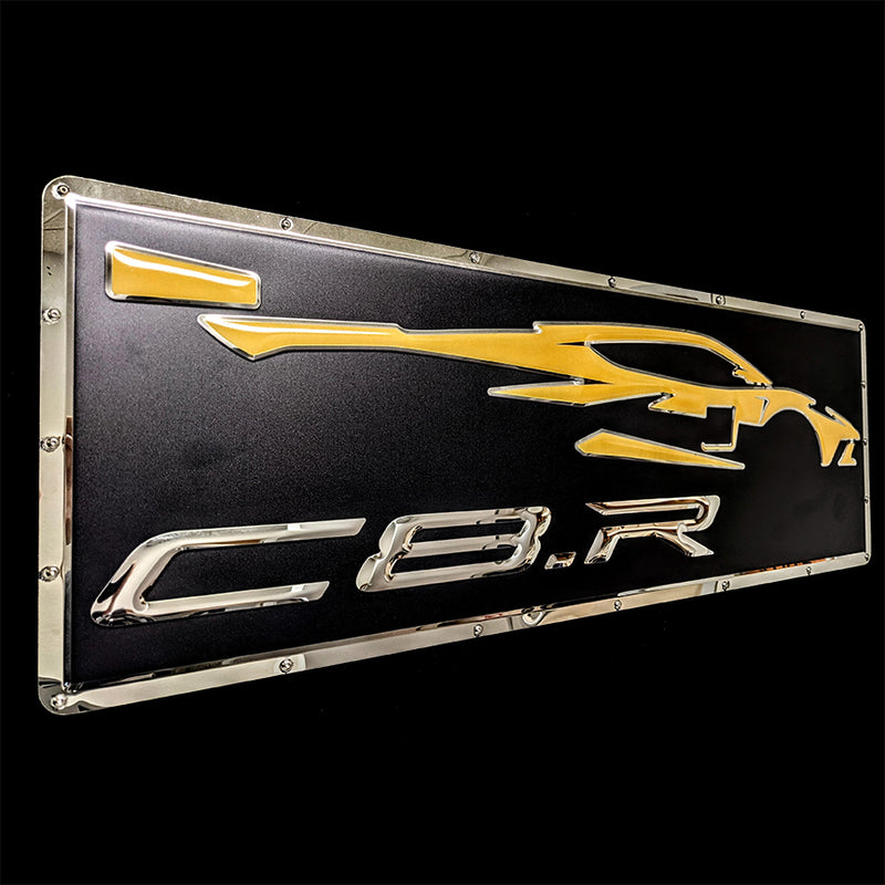 embossed mirror polished stainless steel sign C8.R Corvette side view