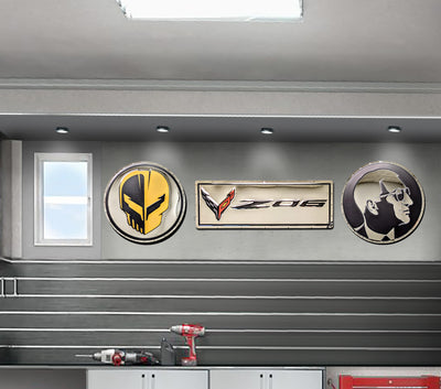 embossed mirror polished stainless steel sign C8 Corvette Z06 on wall