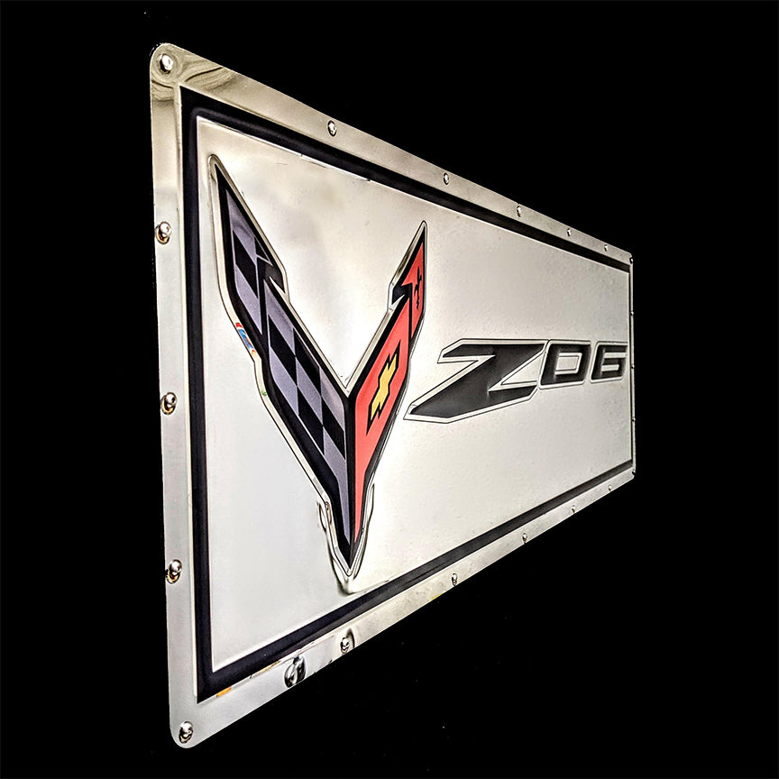 embossed mirror polished stainless steel sign C8 Corvette Z06 side view