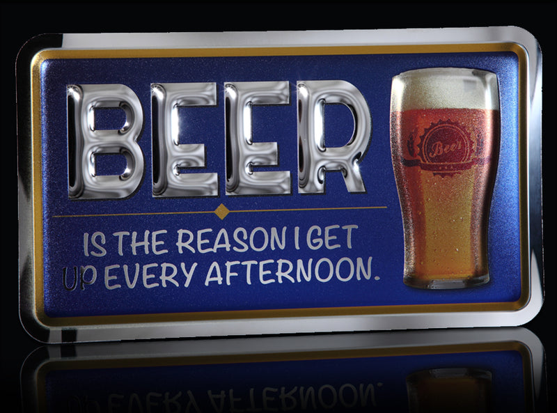 embossed mirror polished stainless steel sign beer in blue