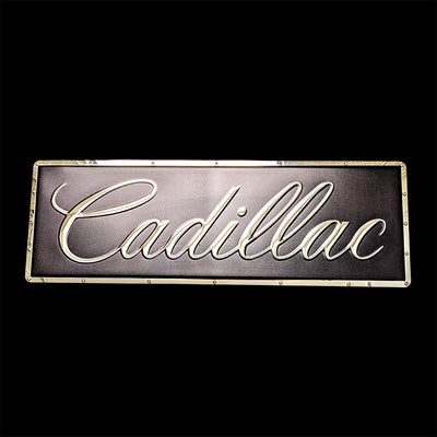 embossed mirror polished stainless steel sign Cadillac script