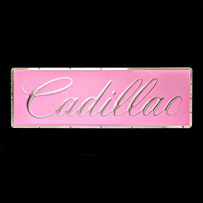 embossed mirror polished stainless steel sign Cadillac script