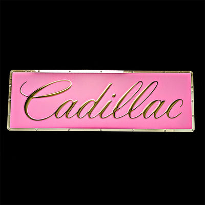 embossed mirror polished stainless steel sign Cadillac script
