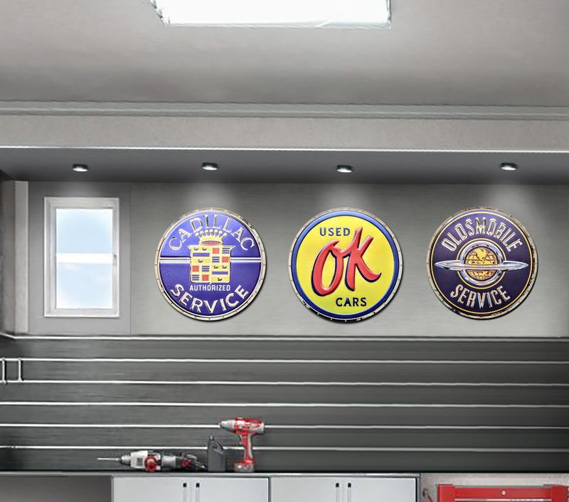 embossed mirror polished stainless steel sign Cadillac service on wall