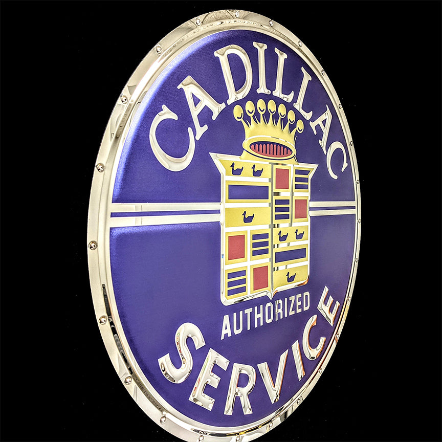 embossed mirror polished stainless steel sign Cadillac service side view