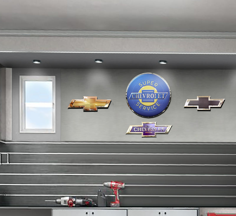 embossed mirror polished stainless steel sign Chevrolet service on wall