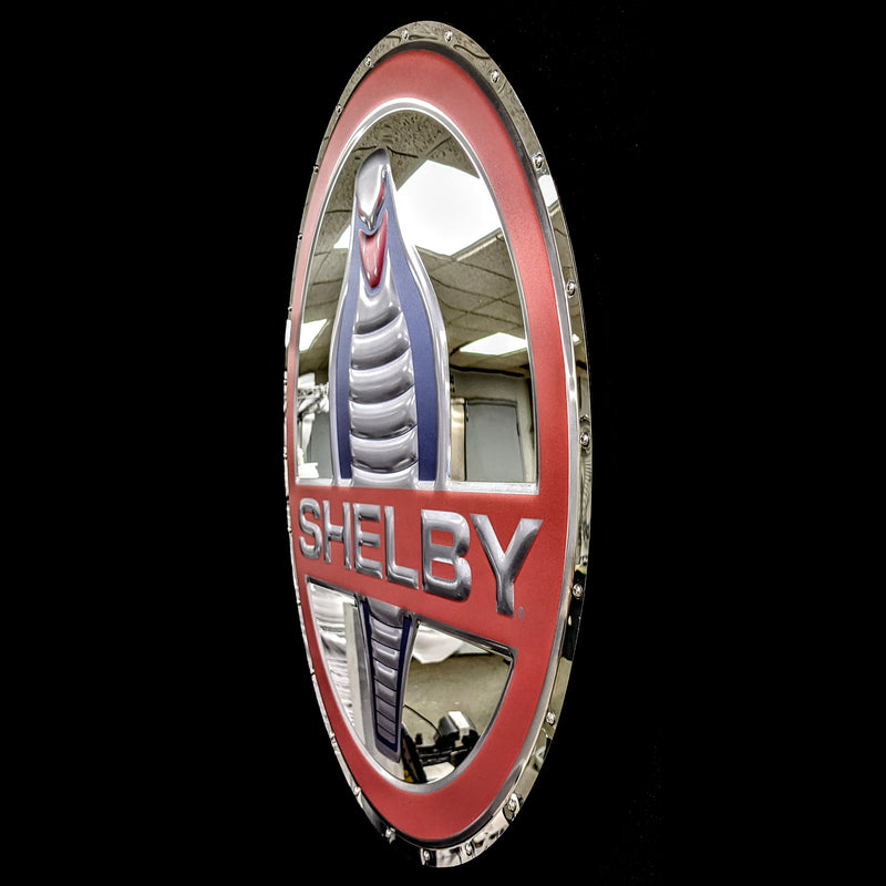 embossed mirror polished stainless steel sign Shelby Cobra side view