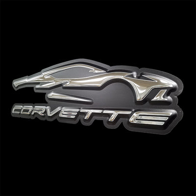 embossed mirror polished stainless steel sign décor corvette c8 gesture side