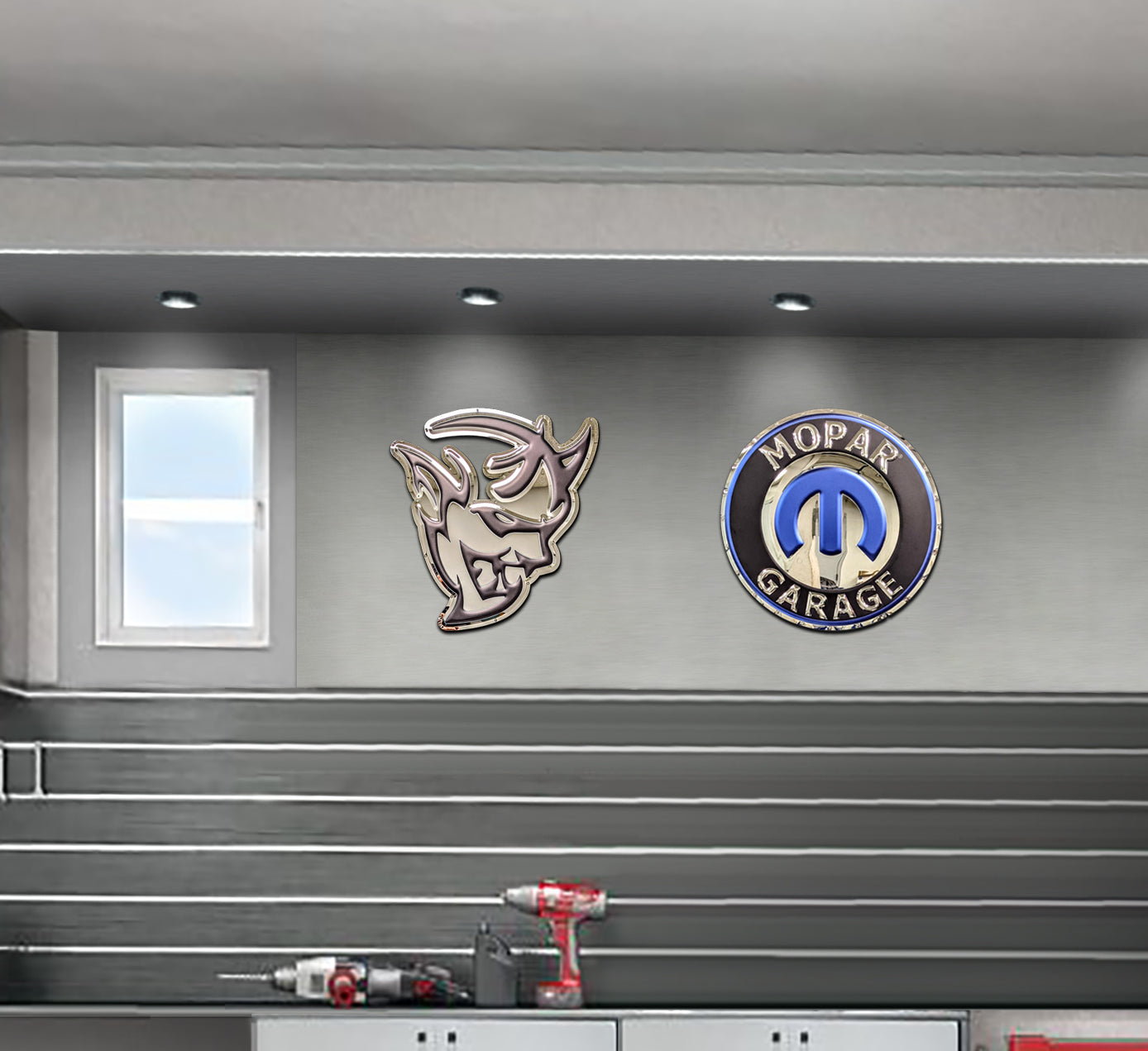 embossed mirror polished stainless steel sign décor dodge demon on garage wall