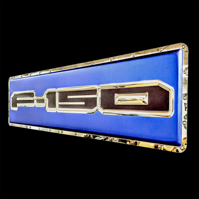embossed mirror polished stainless steel sign décor ford f-150 truck side view