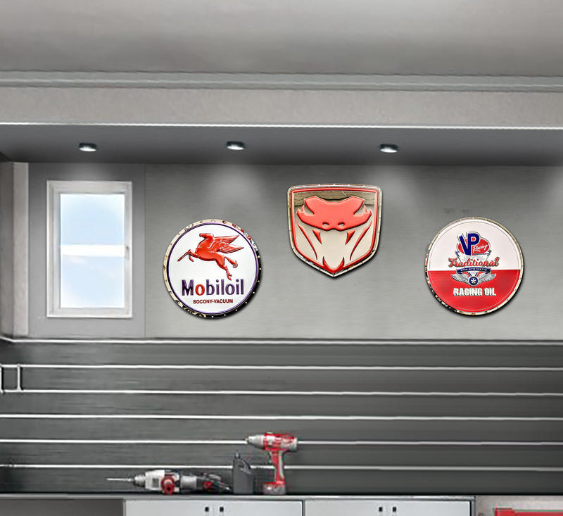 embossed mirror polished stainless steel sign décor dodge viper fangs on garage wall