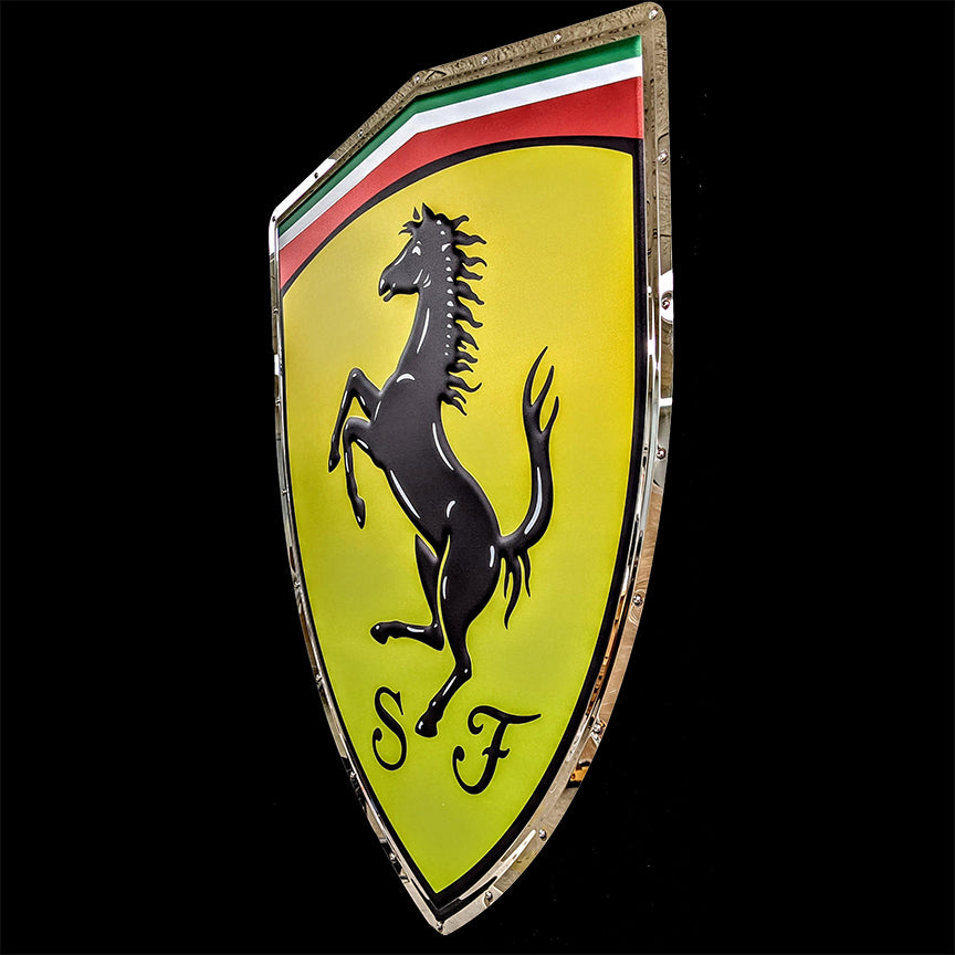 embossed mirror polished stainless steel sign garage décor Ferrari prancing horse side