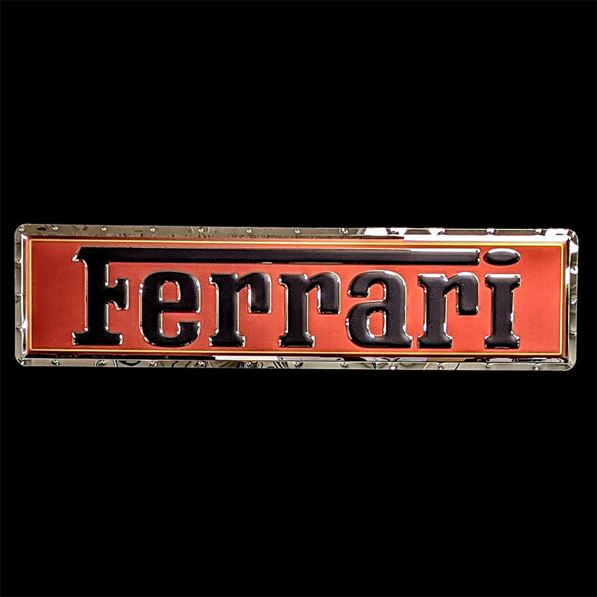 embossed mirror polished stainless steel sign décor Ferrari script