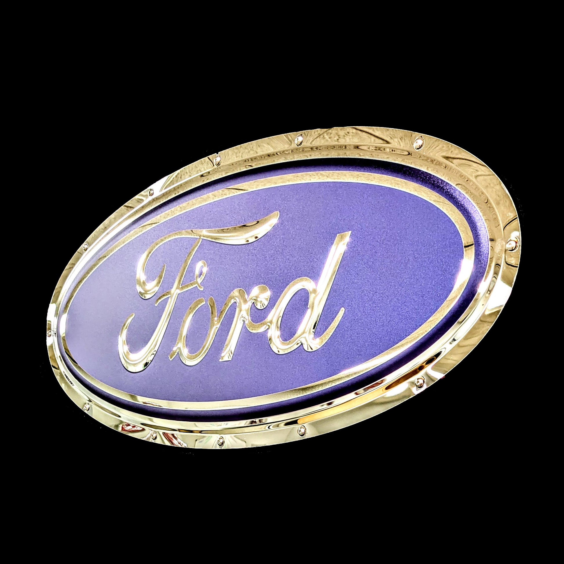 embossed mirror polished stainless steel sign décor ford blue oval side view