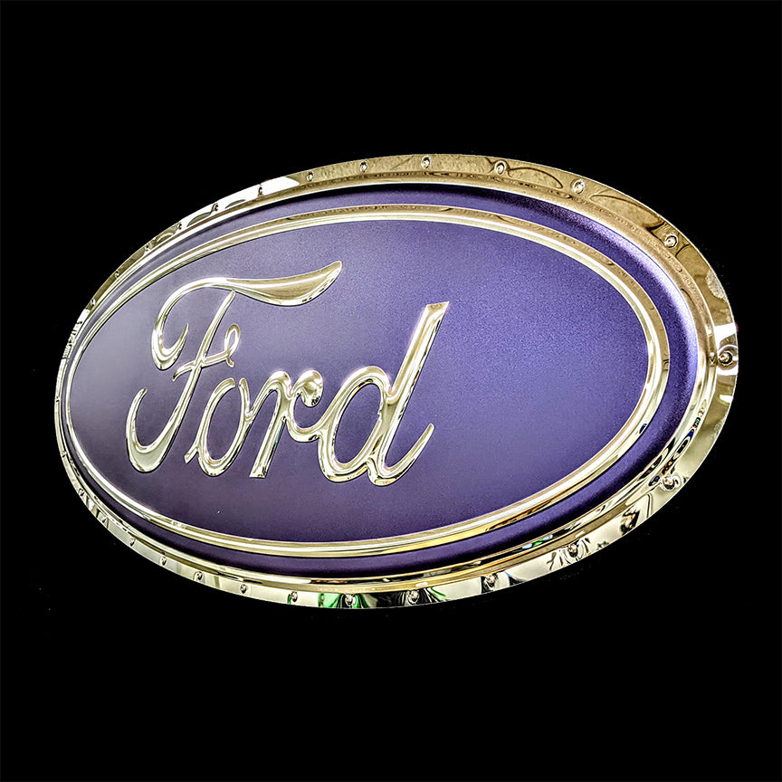 embossed mirror polished stainless steel sign décor ford blue oval side