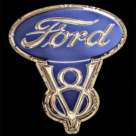 embossed mirror polished stainless steel sign ford v8