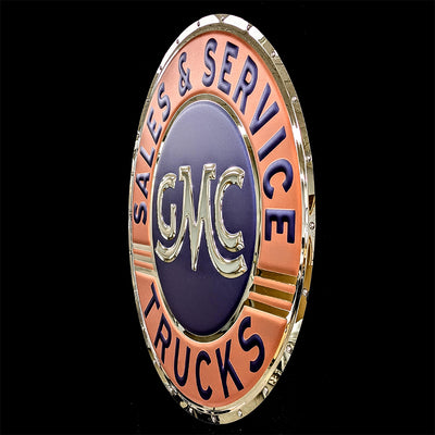 embossed mirror polished stainless steel sign décor GMC trucks service side view