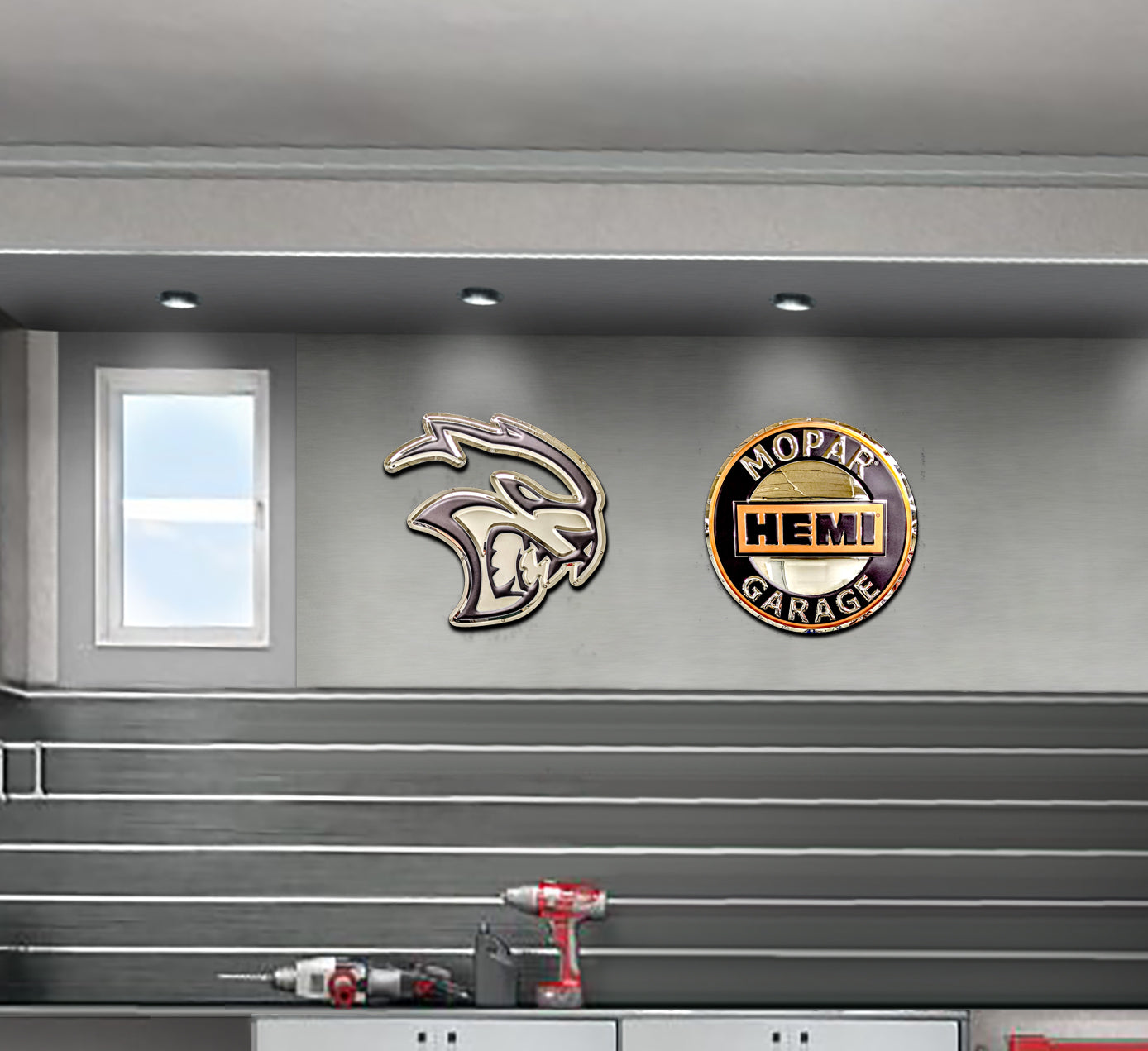 embossed mirror polished stainless steel sign décor dodge hellcat on garage wall