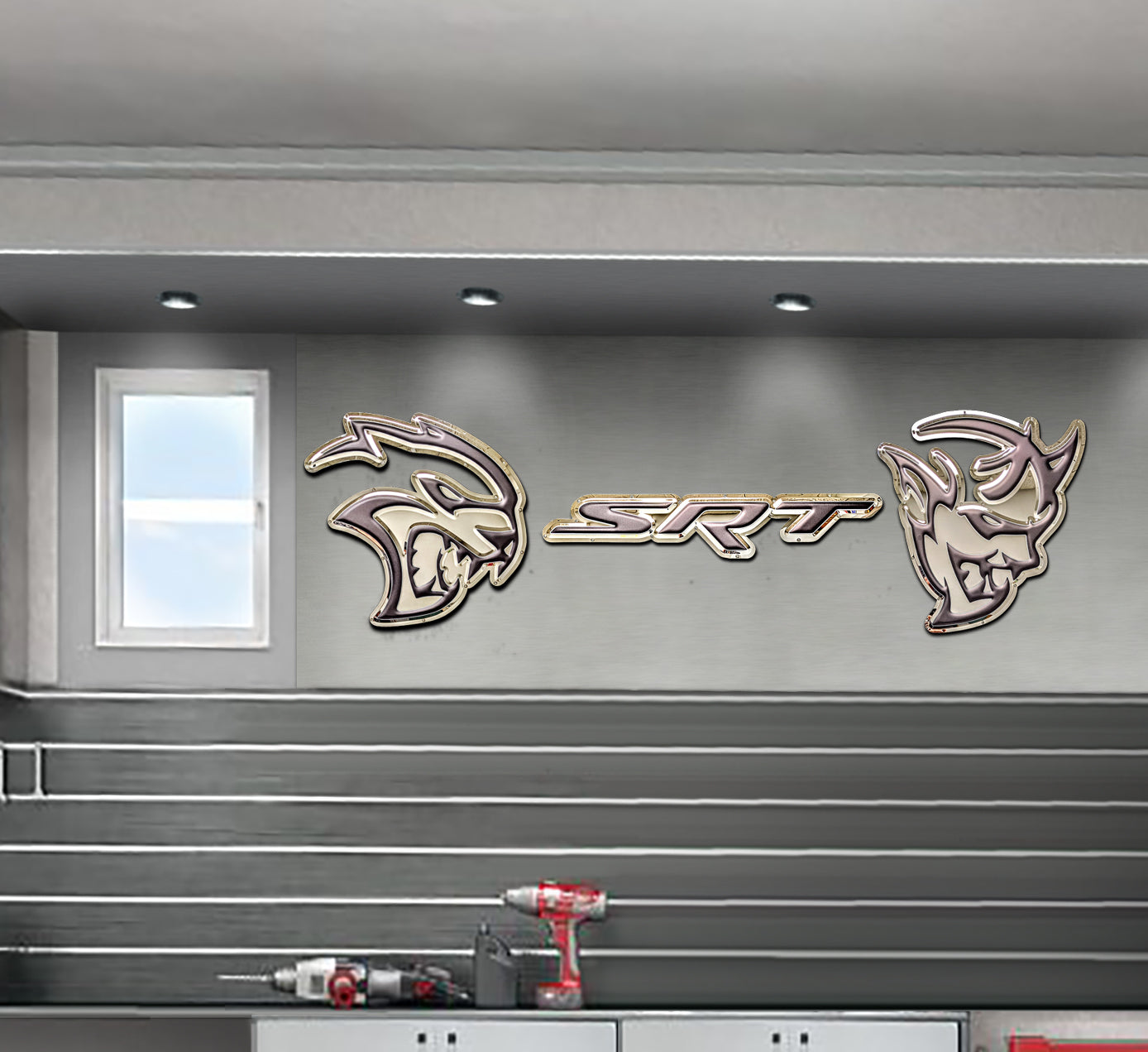 embossed mirror polished stainless steel garage sign dodge srt logo with hellcat and demon logos on wall