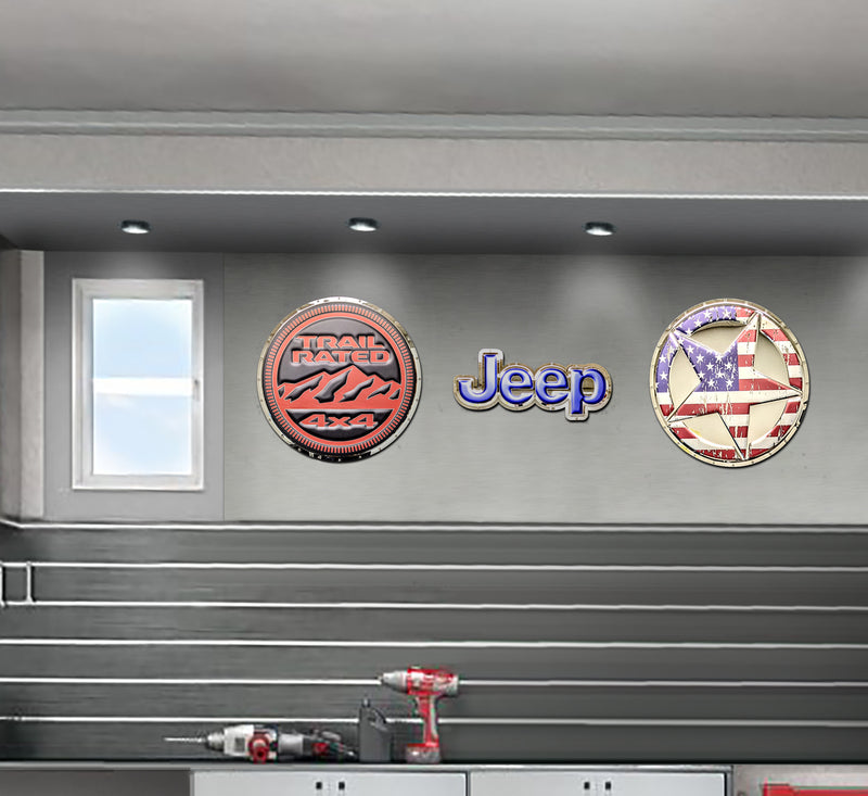 embossed mirror polished stainless steel sign garage décor Jeep Trail Rated Badge on wall