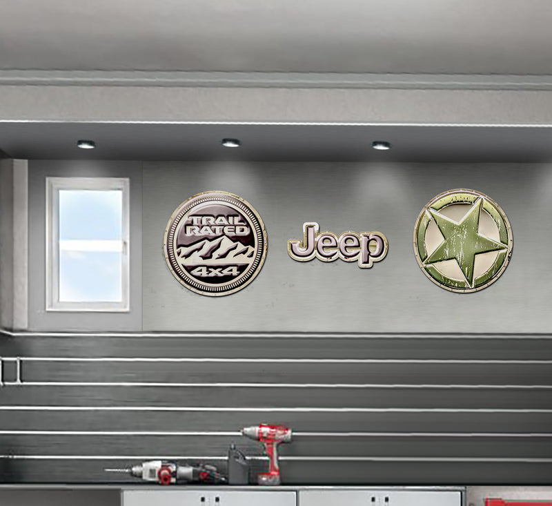 embossed mirror polished stainless steel sign garage décor Jeep Trail Rated Badge on wall