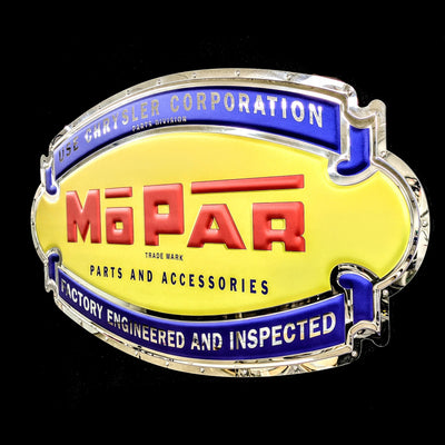 embossed mirror polished stainless steel sign mopar parts 1947 side view
