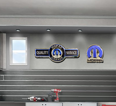 embossed mirror polished stainless steel sign garage décor Mopar Omega M Service on wall