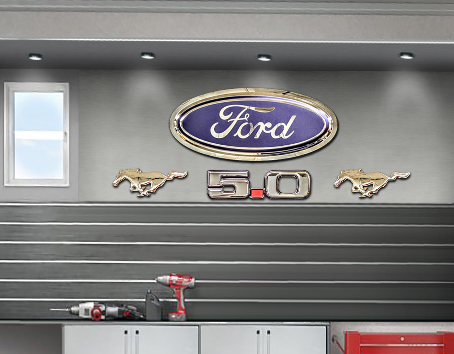 embossed mirror polished stainless steel sign décor ford mustang on garage wall