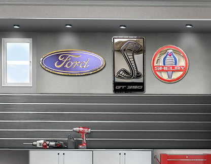 embossed mirror polished stainless steel sign garage décor Ford Shelby Cobra GT350 on wall