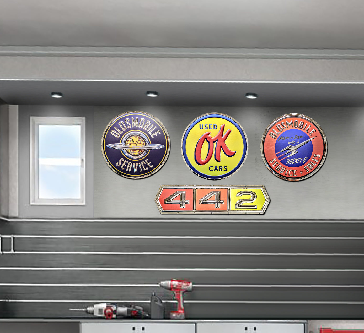 embossed mirror polished stainless steel sign garage décor Oldsmobile 442 on wall
