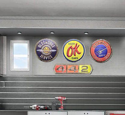 embossed mirror polished stainless steel sign garage décor Oldsmobile 442 on wall