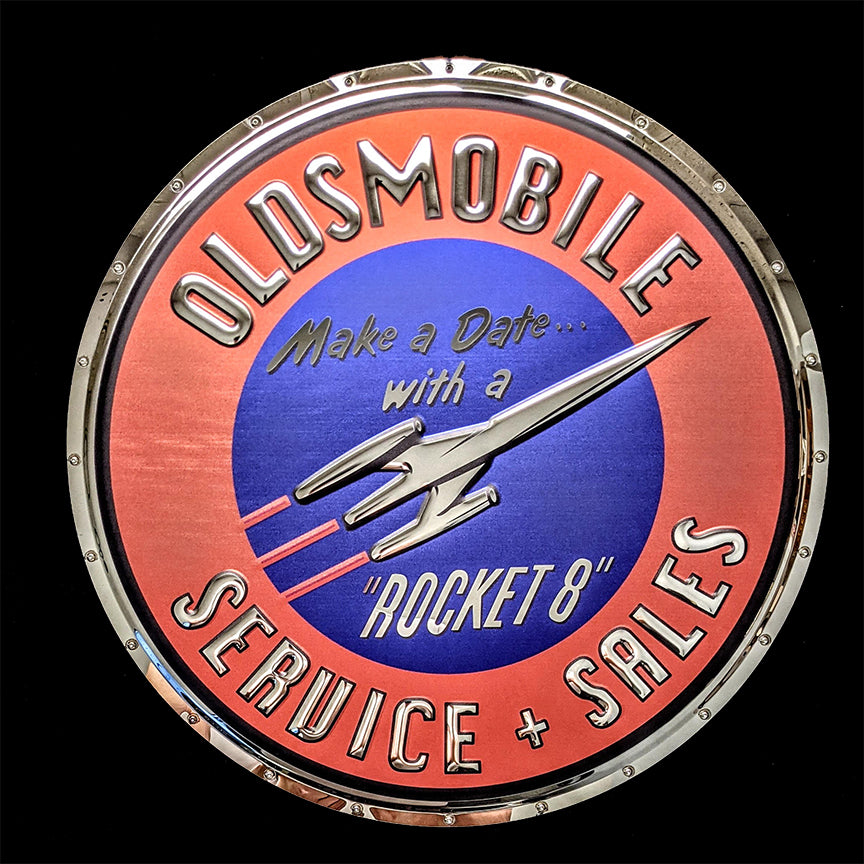 embossed mirror polished stainless steel sign garage décor Oldsmobile Rocket 8