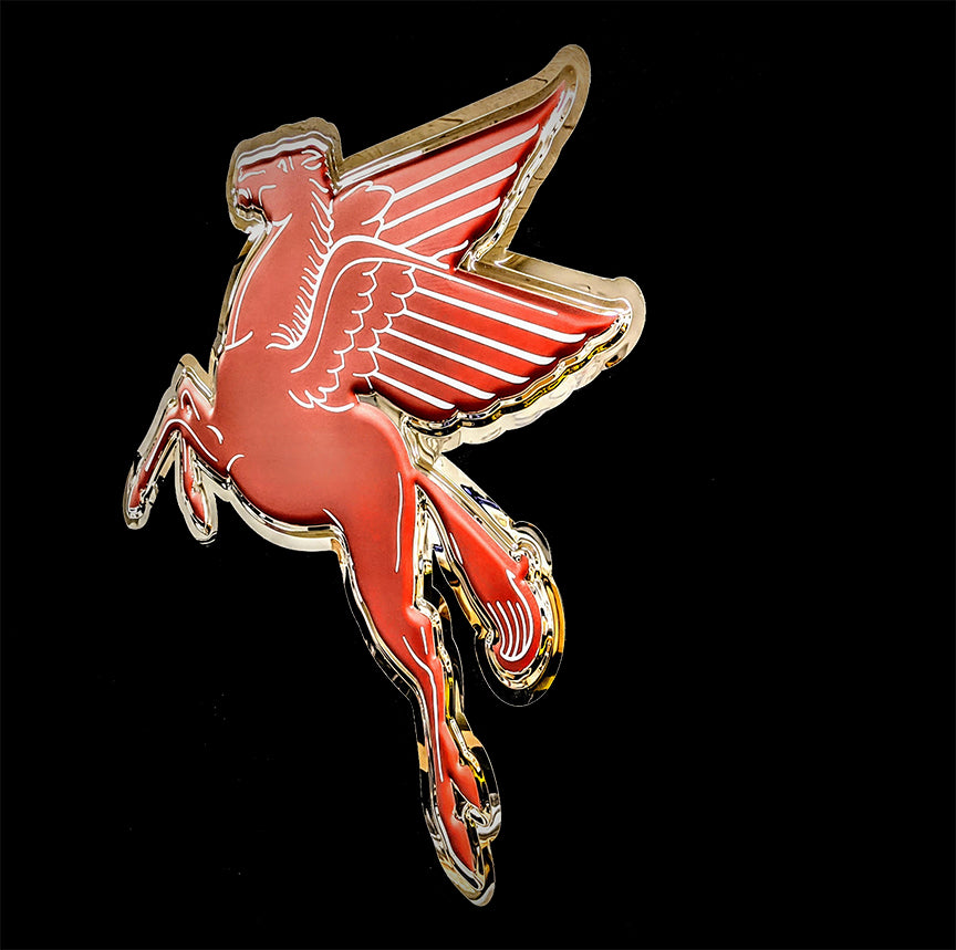 embossed mirror polished stainless steel sign garage décor Mobil Pegasus side