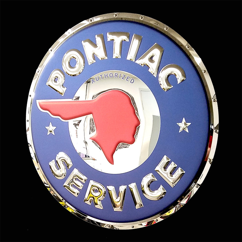 embossed mirror polished stainless steel sign garage décor Pontiac Service angle